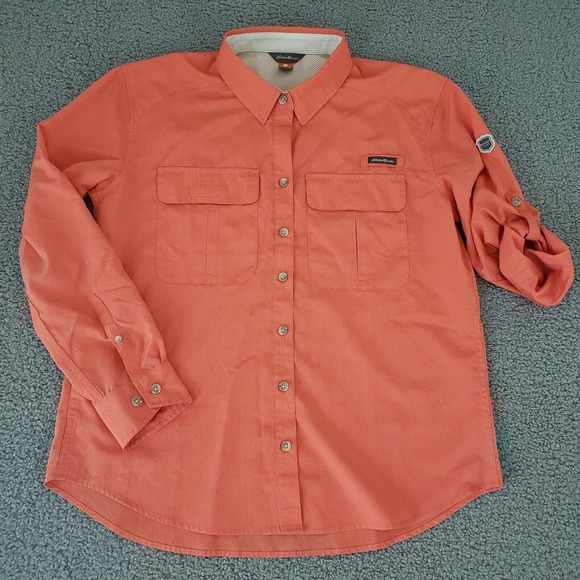 Eddie Bauer Tops - Eddie Bauer Shirt Womens Petite Medium Orange Roll Tab Sleeve Blouse Top Fishing